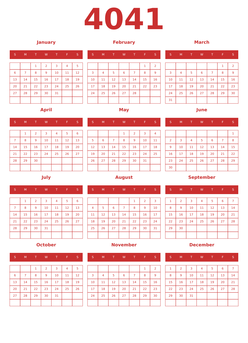 Printable 4041 Year Calendars red