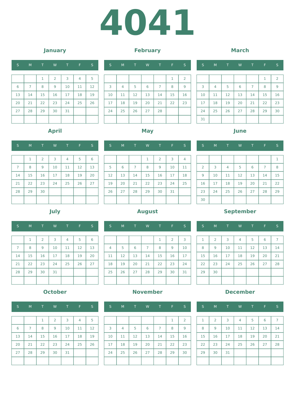 Printable 4041 Year Calendars viridian