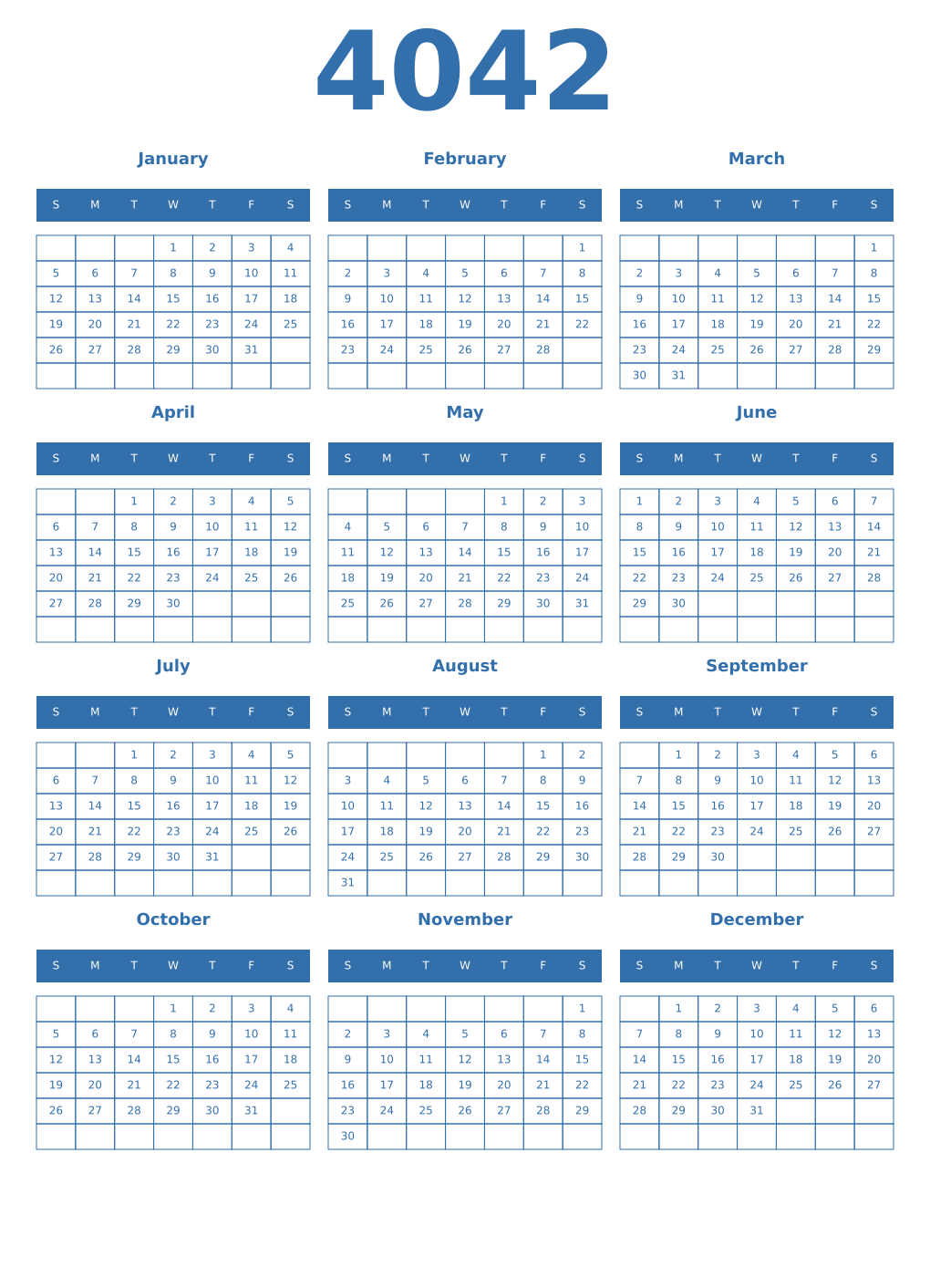 Printable 4042 Year Calendars blue