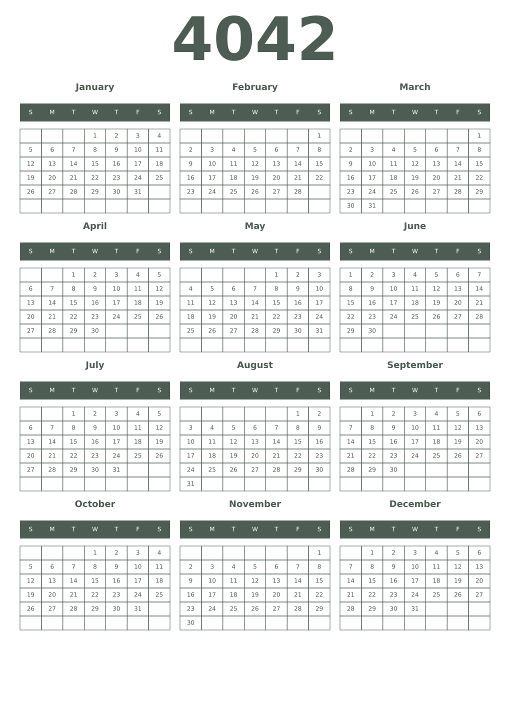 Printable 4042 Year Calendars feldgrau