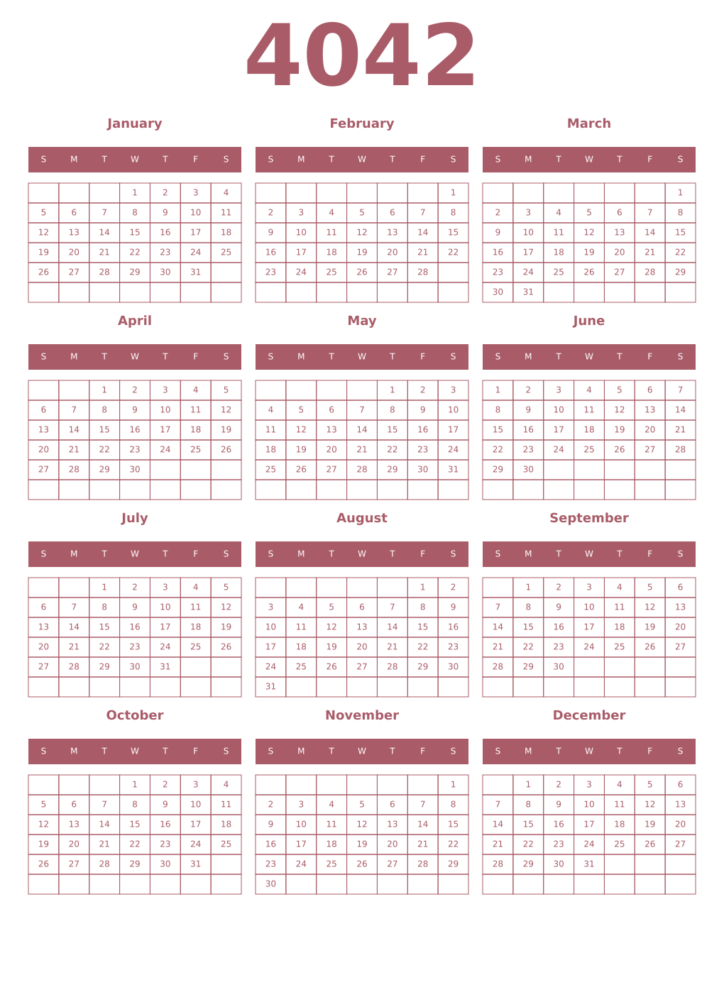 Printable 4042 Year Calendars puce