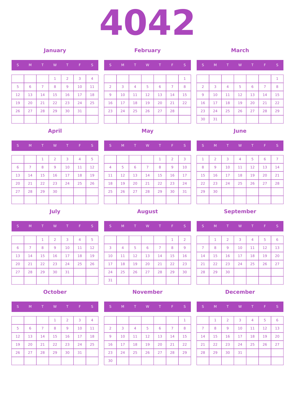 Printable 4042 Year Calendars purple