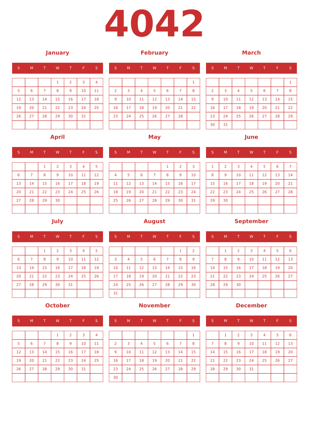 Printable 4042 Year Calendars red