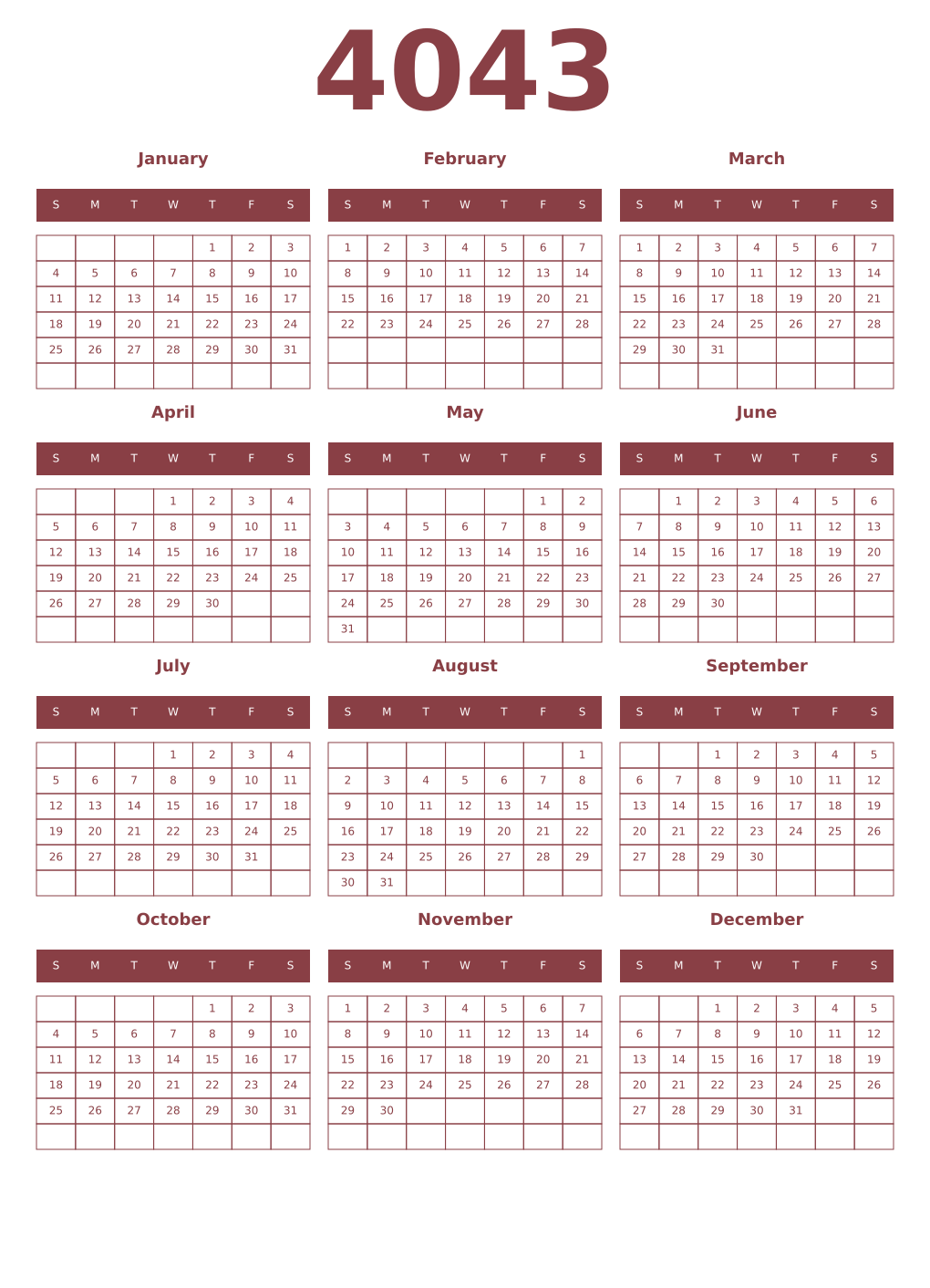 Printable 4043 Year Calendars cordovan