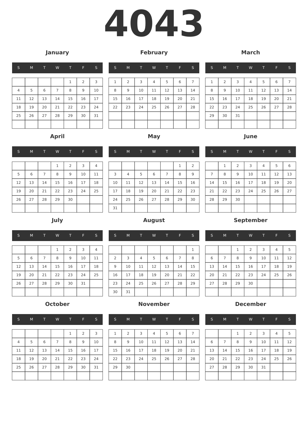 Printable 4043 Year Calendars dark