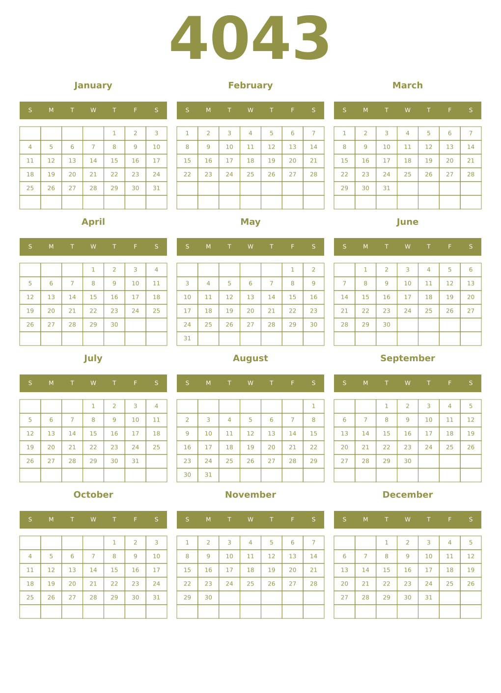 Printable 4043 Year Calendars eburnean