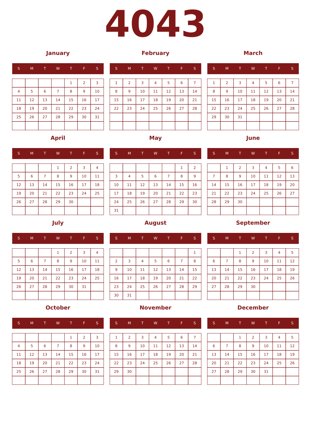 Printable 4043 Year Calendars falu