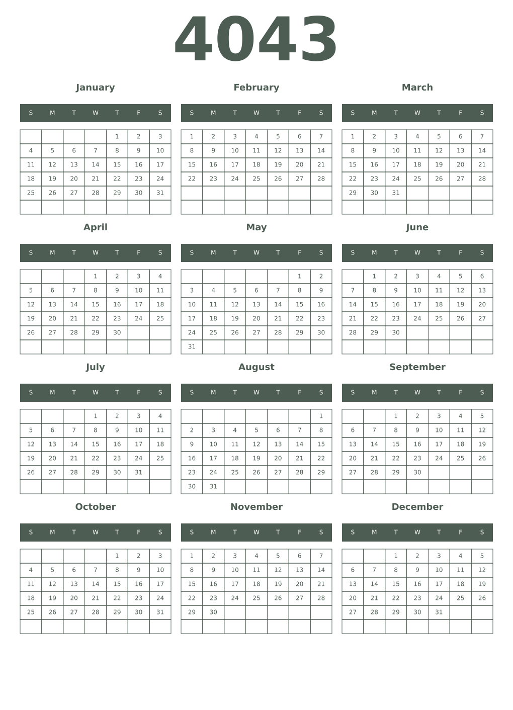 Printable 4043 Year Calendars feldgrau