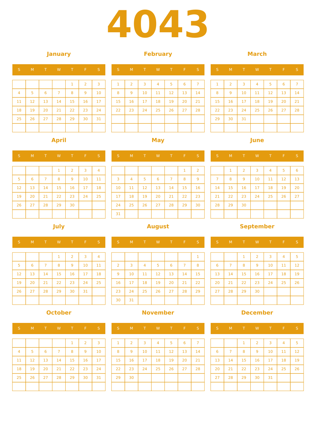 Printable 4043 Year Calendars gamboge