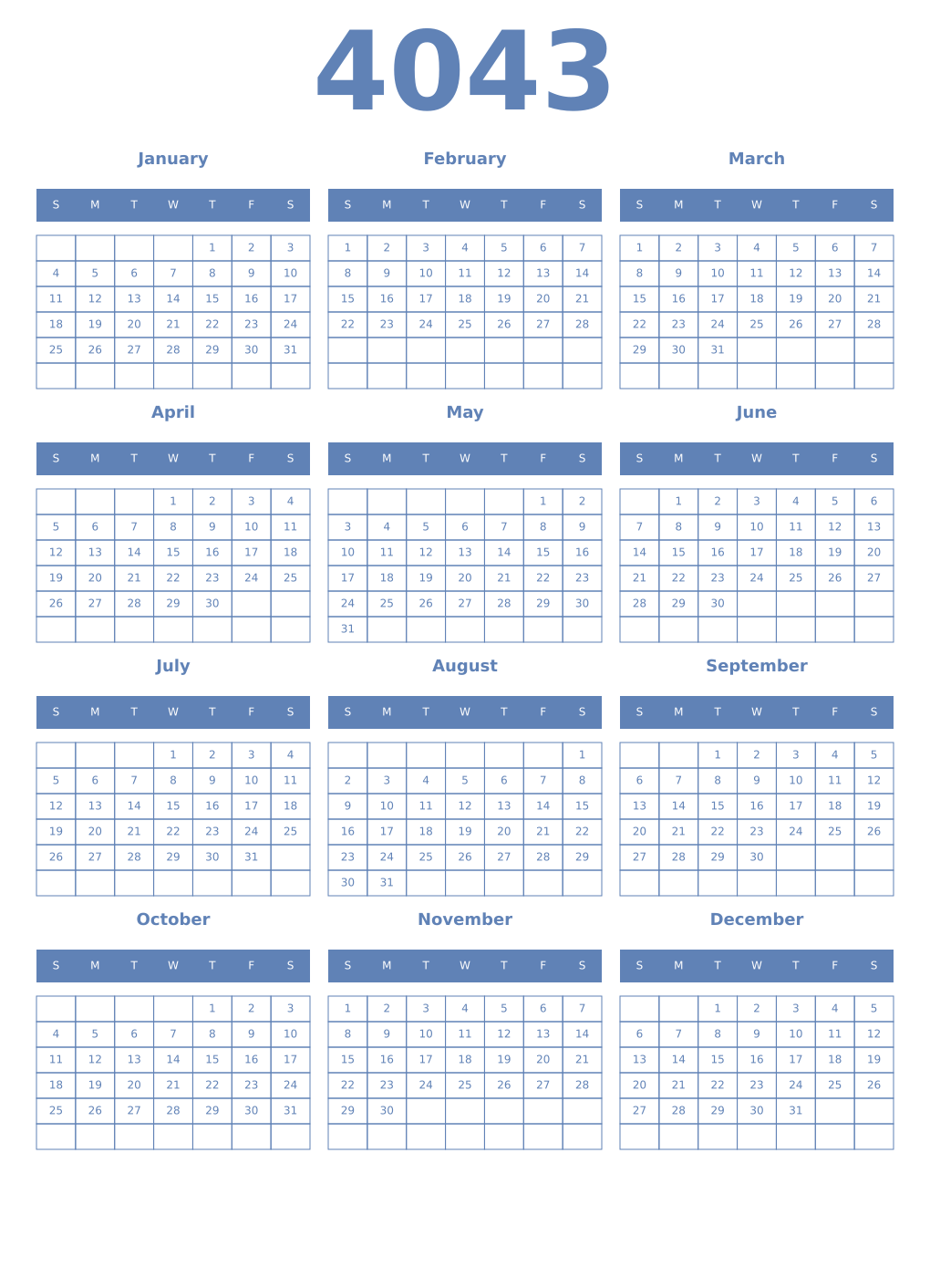 Printable 4043 Year Calendars glaucous