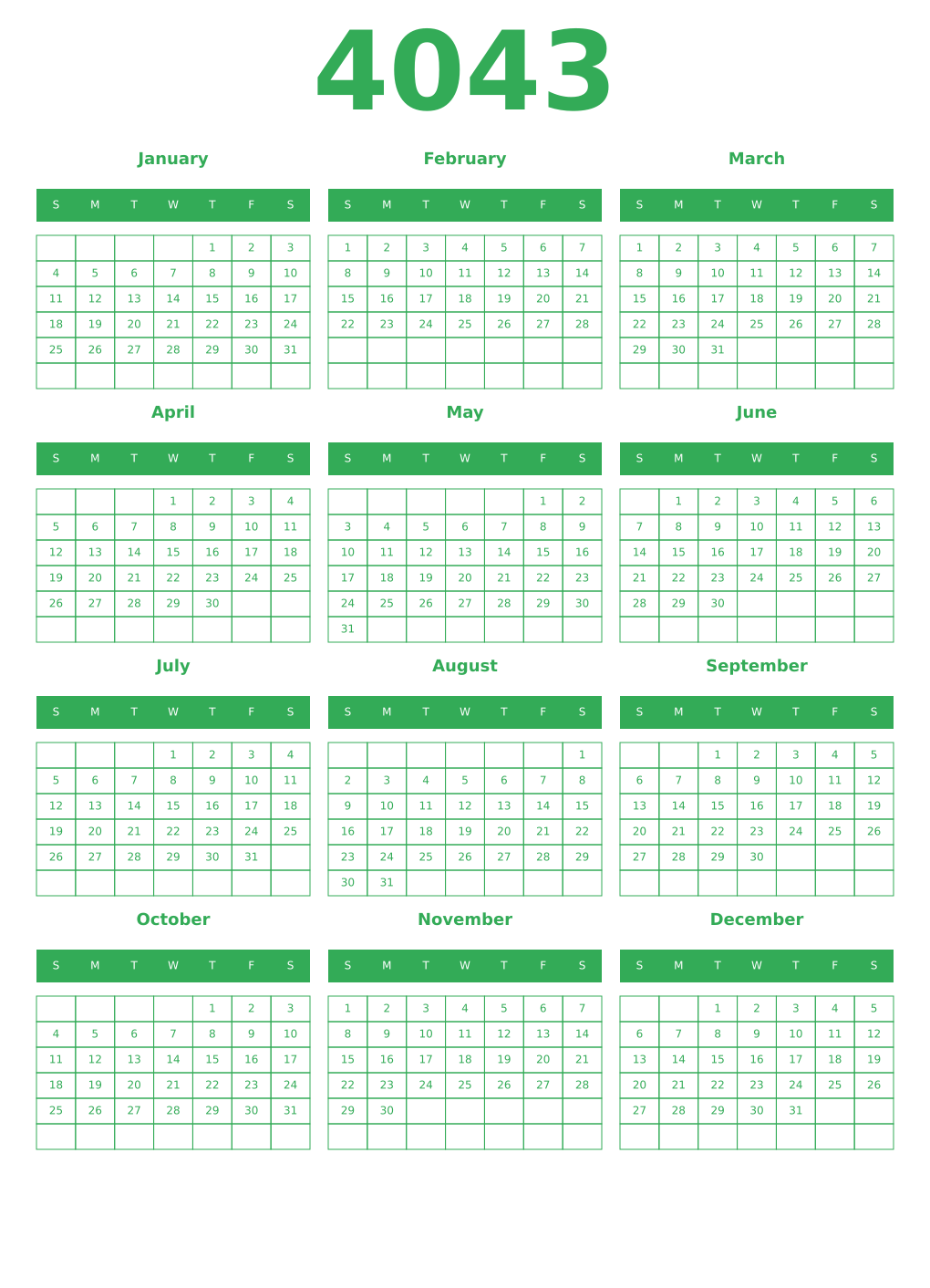 Printable 4043 Year Calendars green