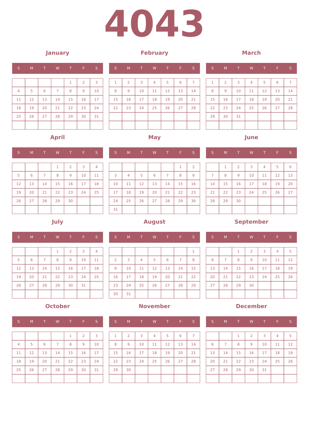 Printable 4043 Year Calendars puce