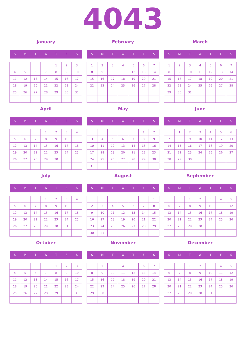 Printable 4043 Year Calendars purple