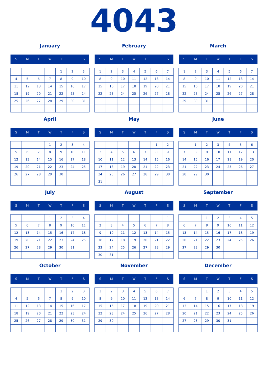 Printable 4043 Year Calendars smalt