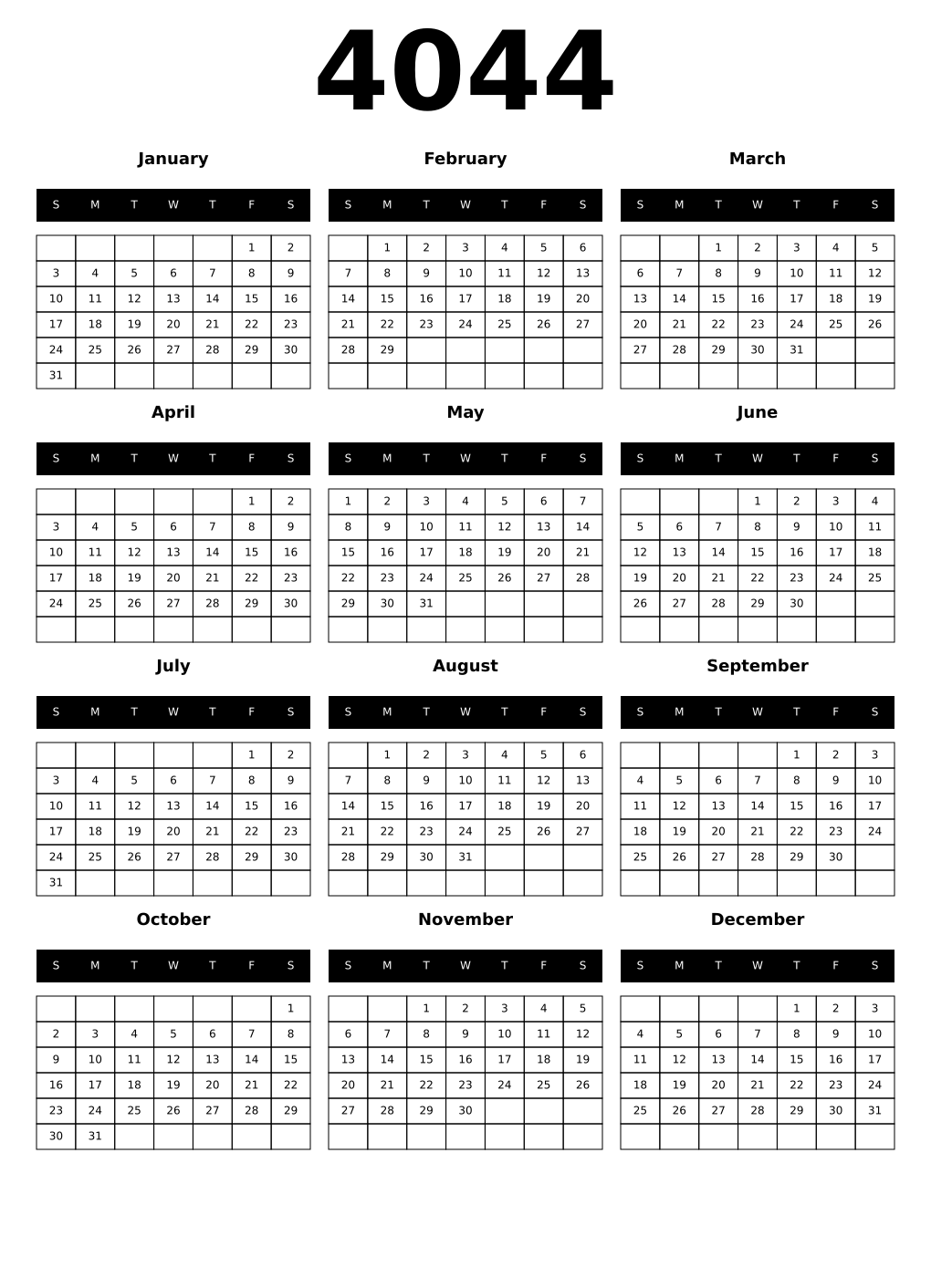 Printable 4044 Year Calendars black