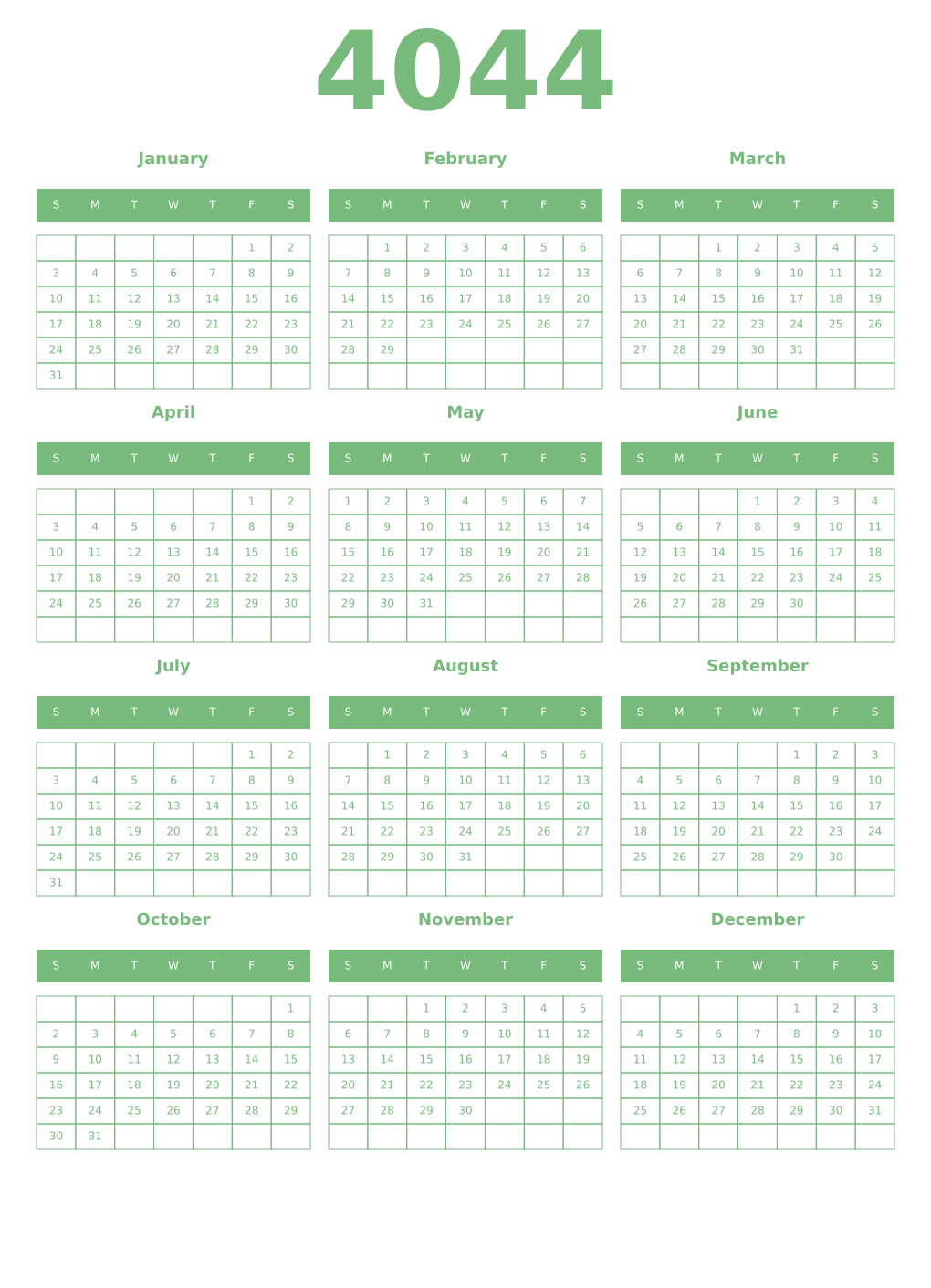 Printable 4044 Year Calendars celadon