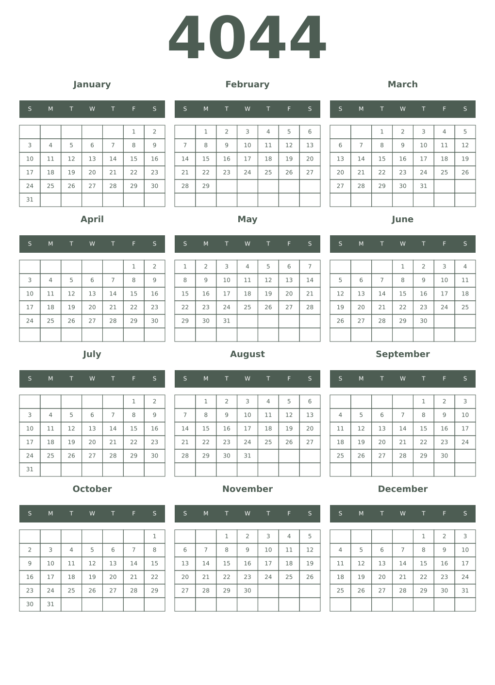 Printable 4044 Year Calendars feldgrau