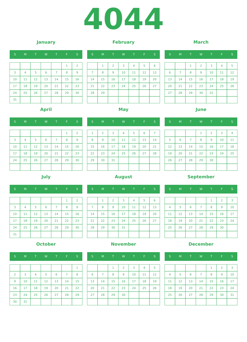 Printable 4044 Year Calendars green