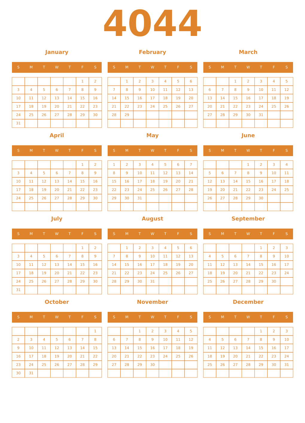 Printable 4044 Year Calendars orange