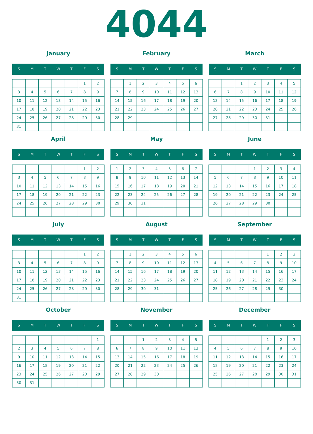 Printable 4044 Year Calendars pastel