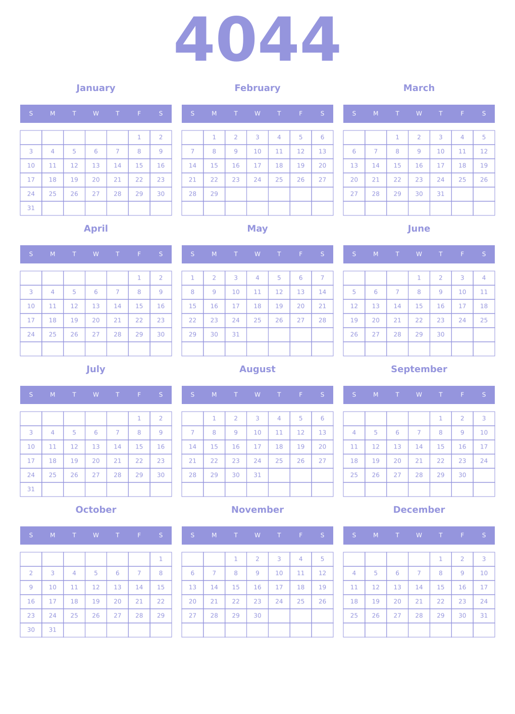Printable 4044 Year Calendars periwinkle