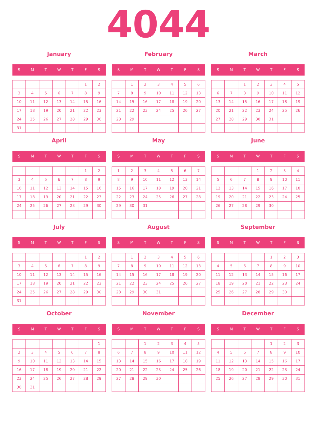 Printable 4044 Year Calendars pink