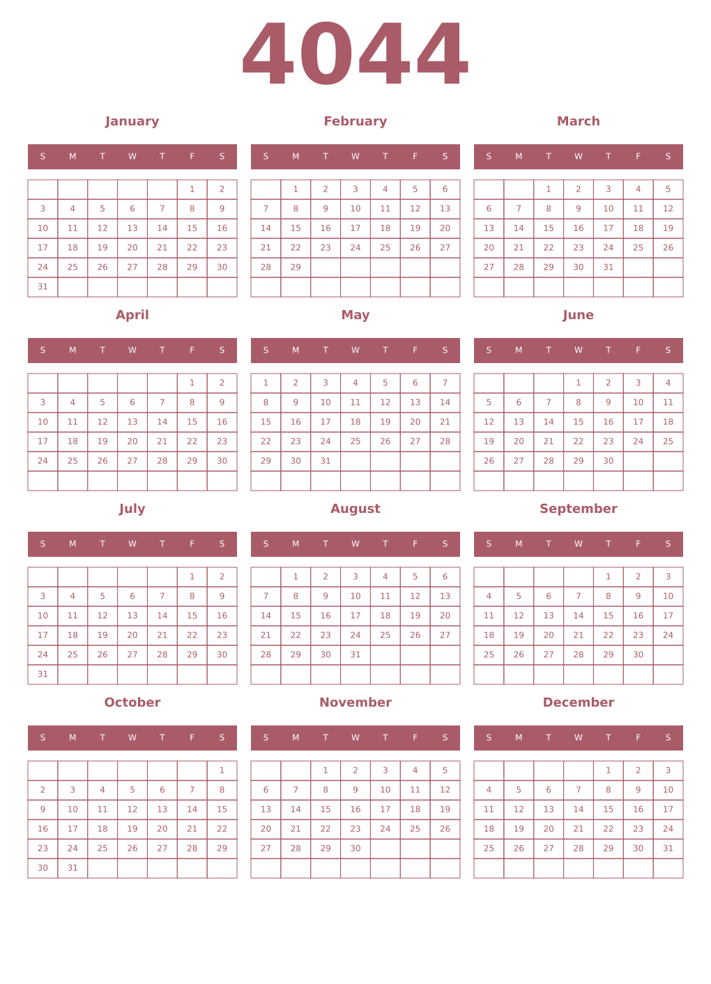 Printable 4044 Year Calendars puce