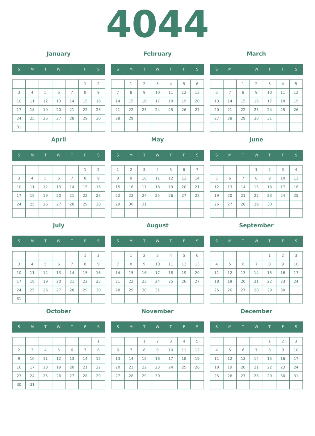 Printable 4044 Year Calendars viridian