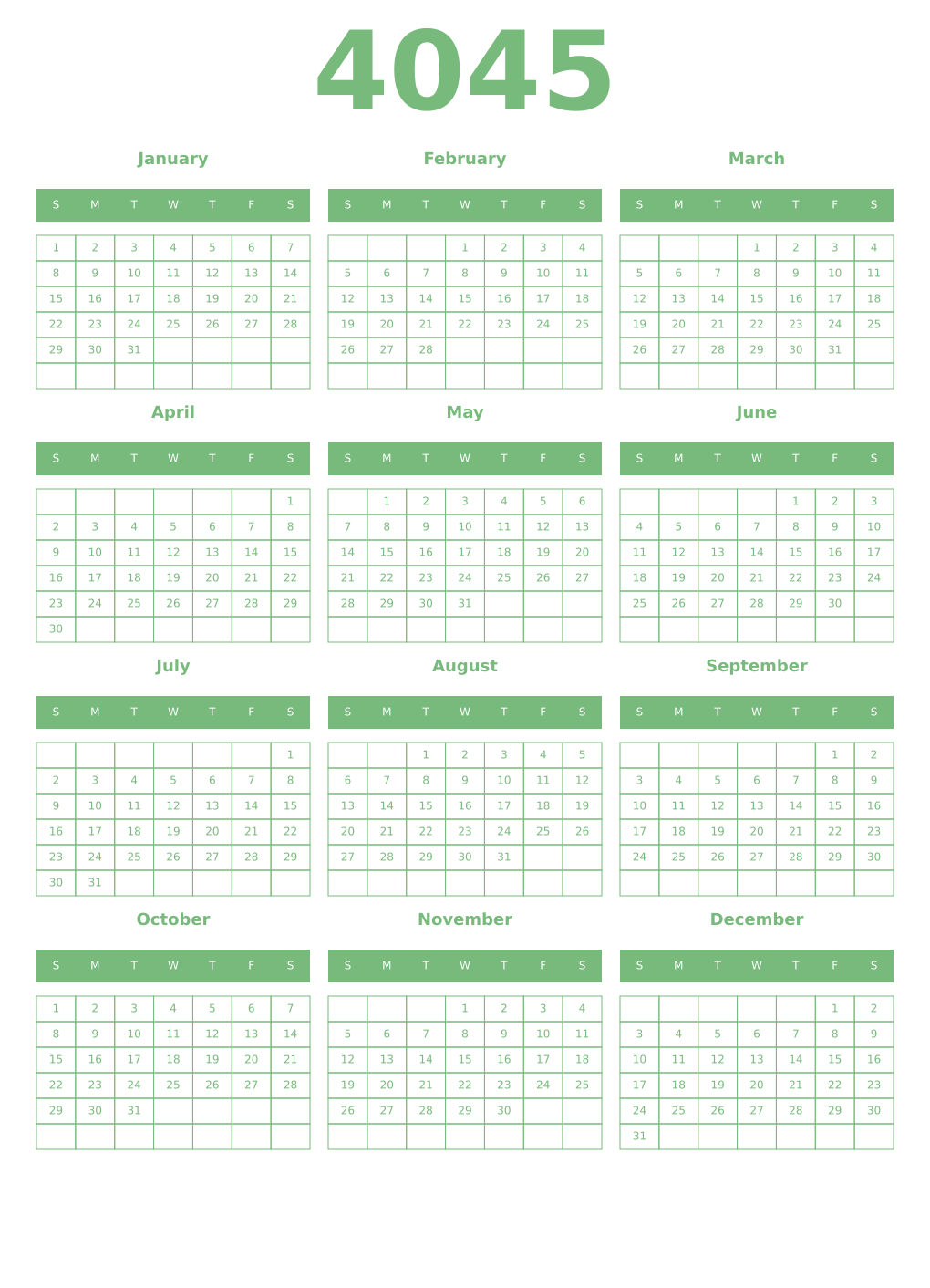 Printable 4045 Year Calendars celadon