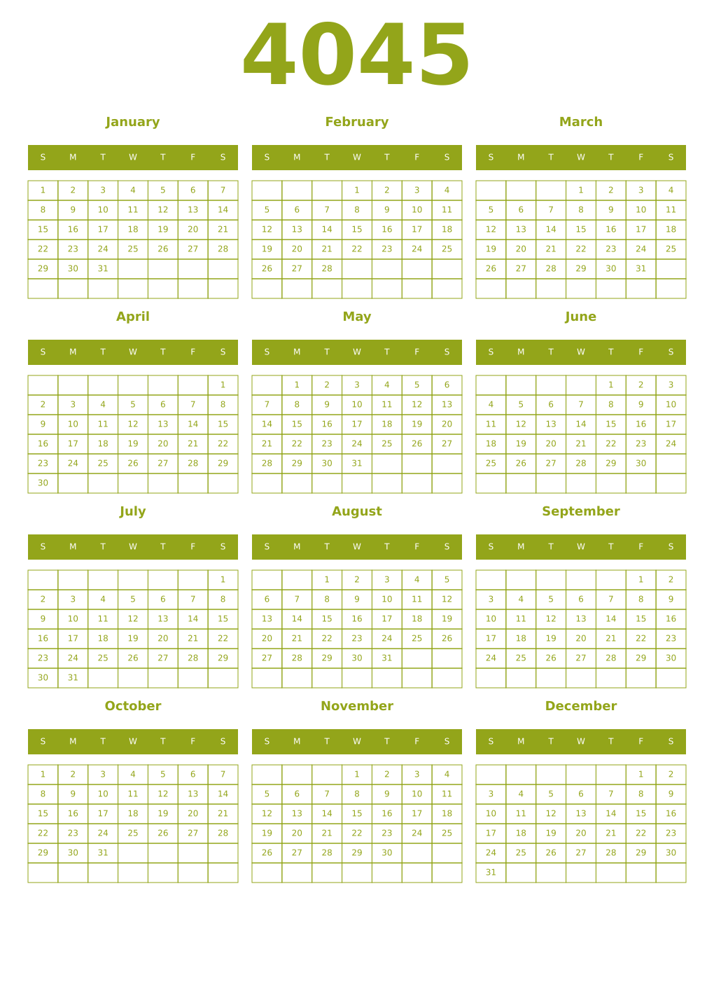 Printable 4045 Year Calendars chartreuse