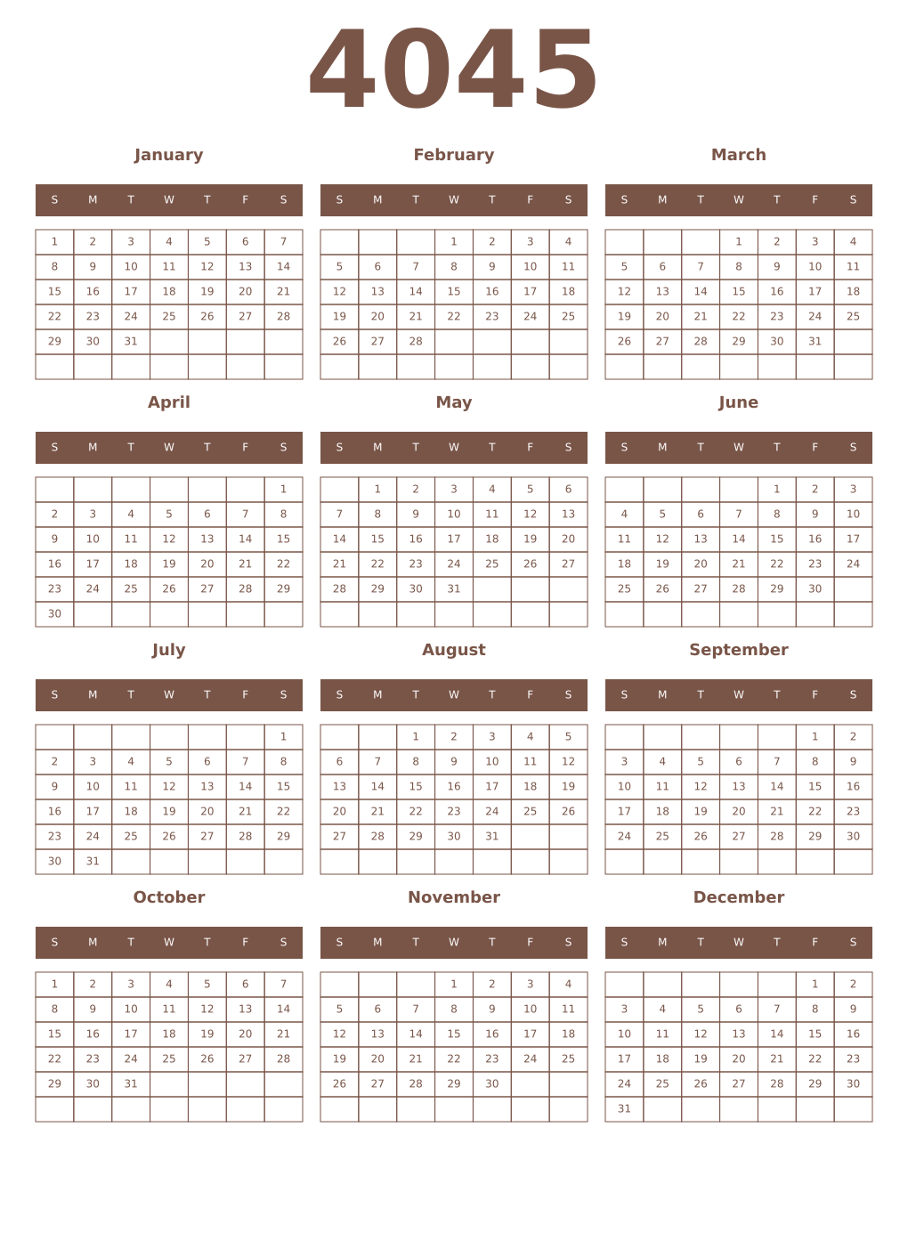 Printable 4045 Year Calendars coffe