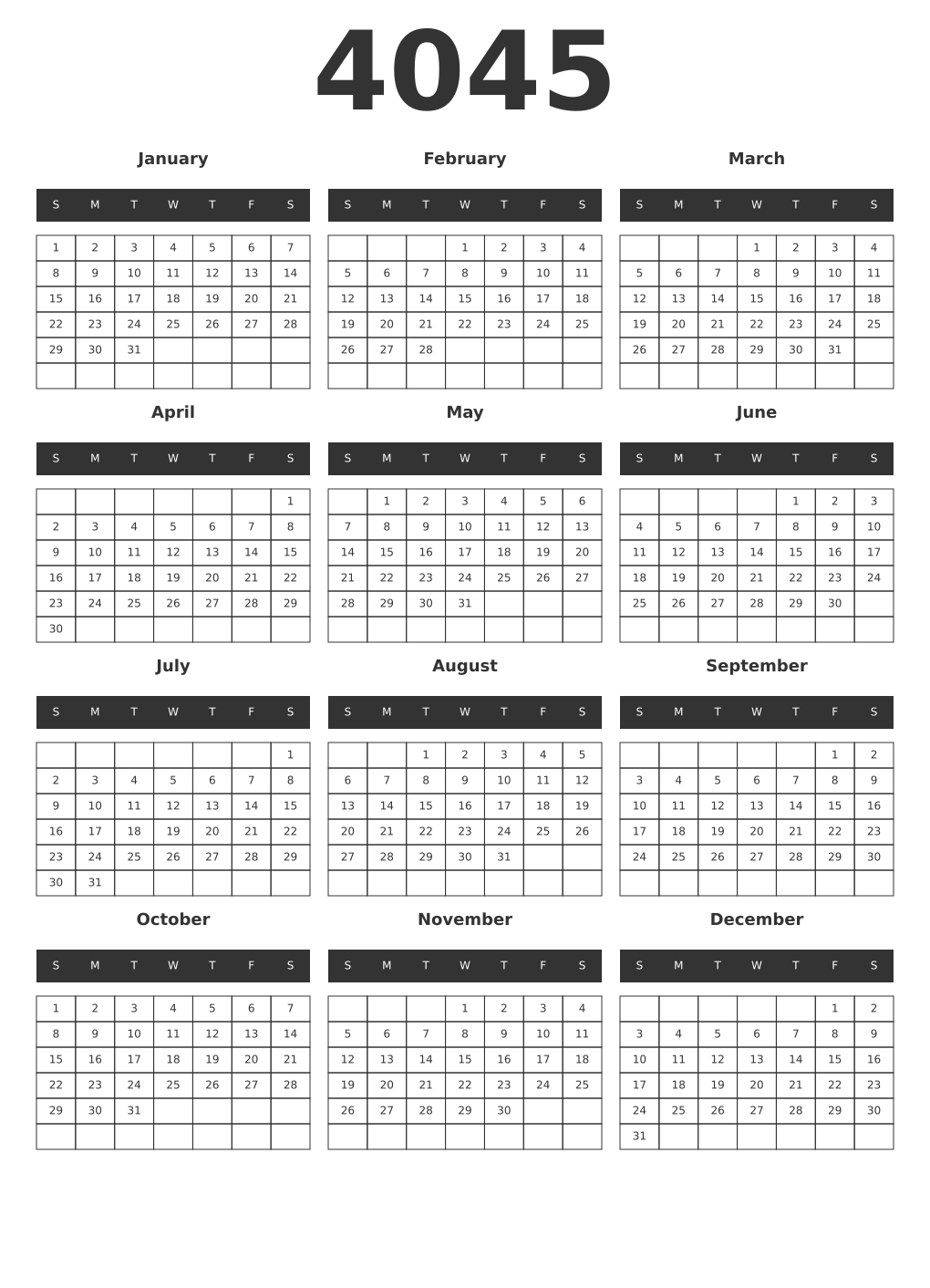 Printable 4045 Year Calendars dark