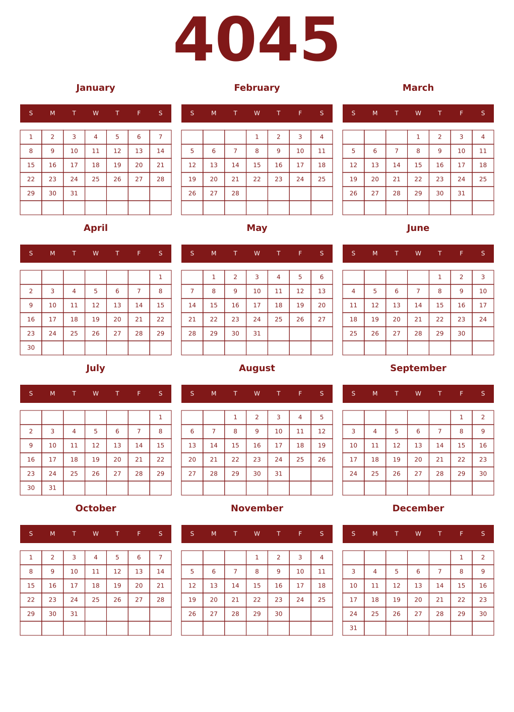 Printable 4045 Year Calendars falu