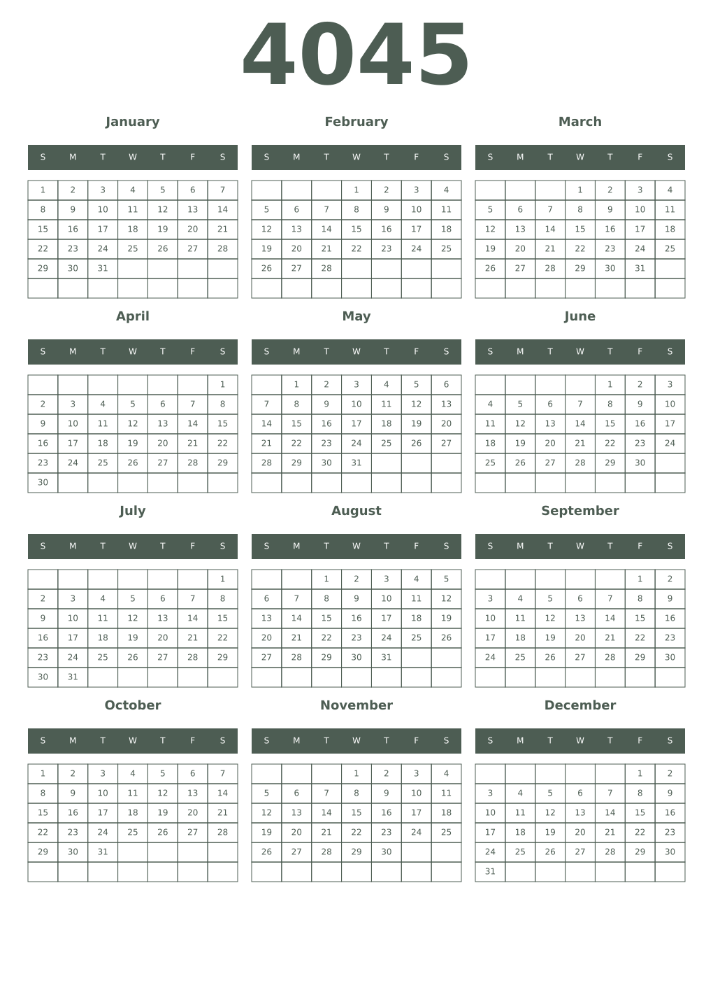 Printable 4045 Year Calendars feldgrau