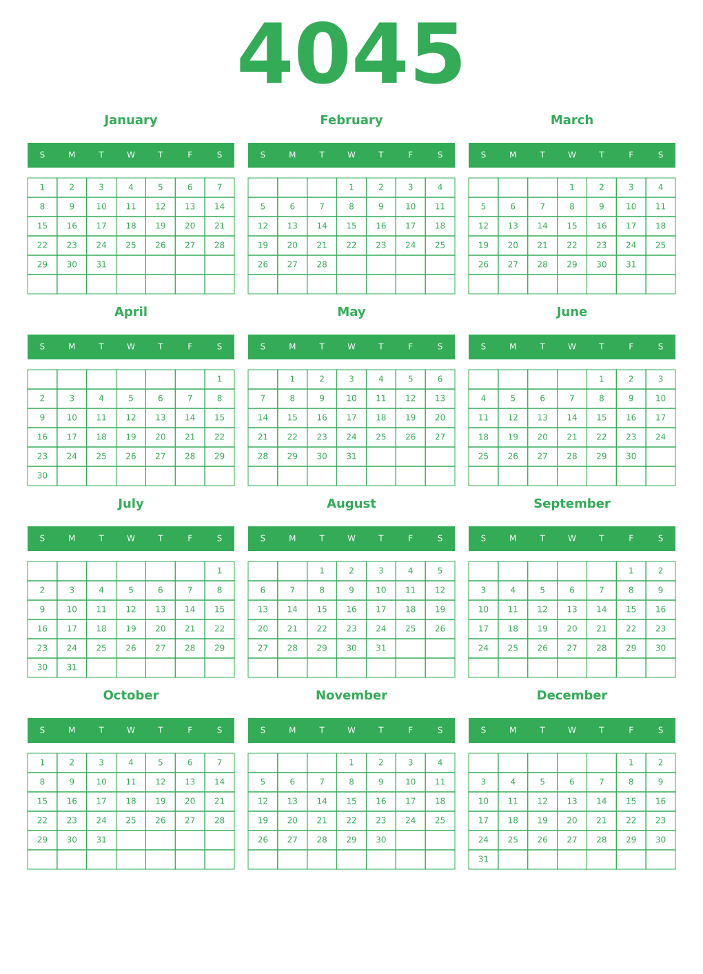 Printable 4045 Year Calendars green