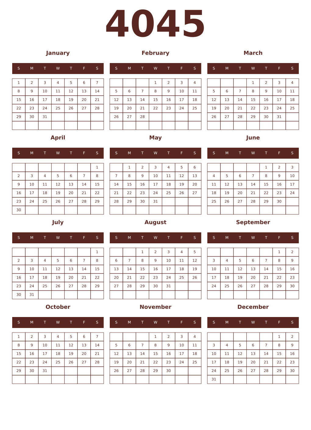 Printable 4045 Year Calendars mortuum
