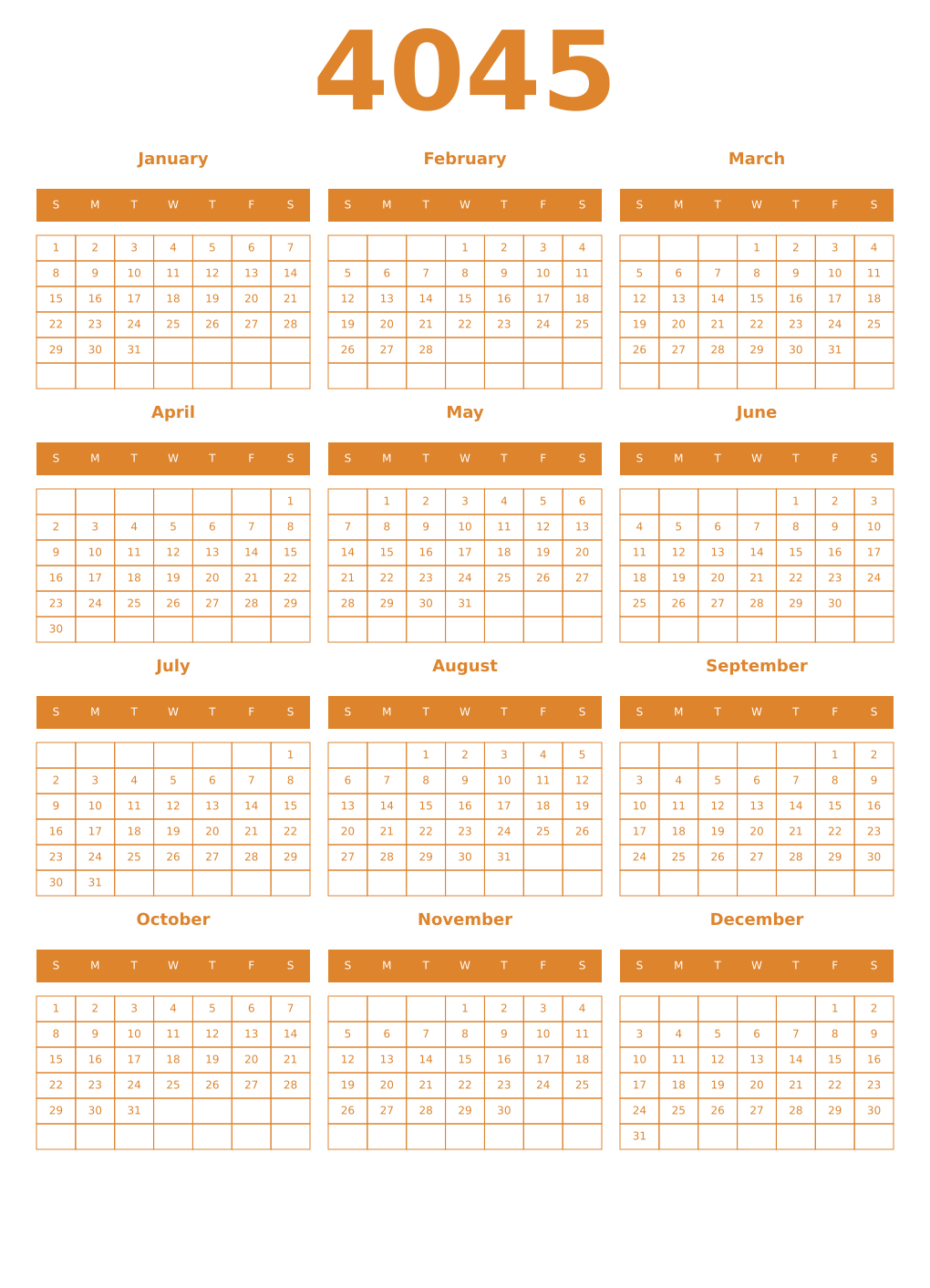 Printable 4045 Year Calendars orange