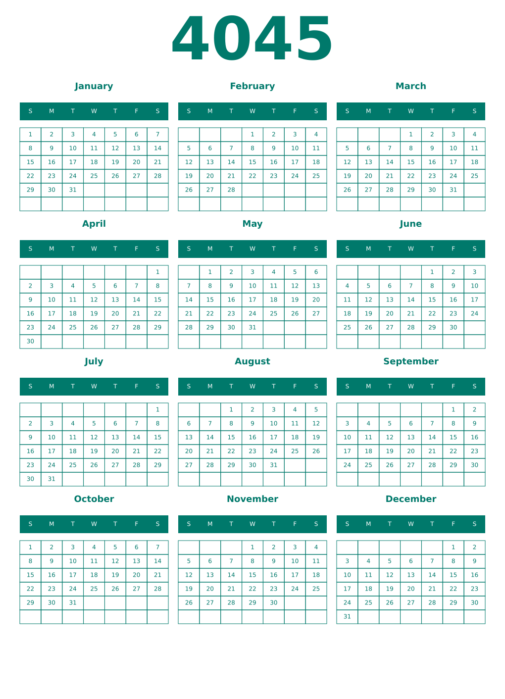 Printable 4045 Year Calendars pastel
