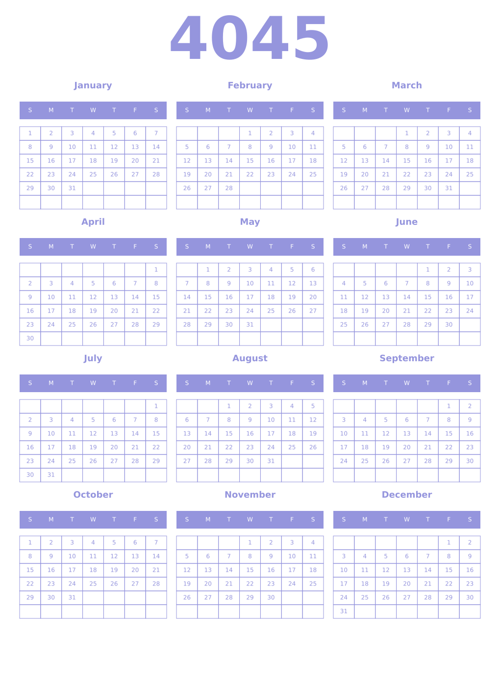 Printable 4045 Year Calendars periwinkle