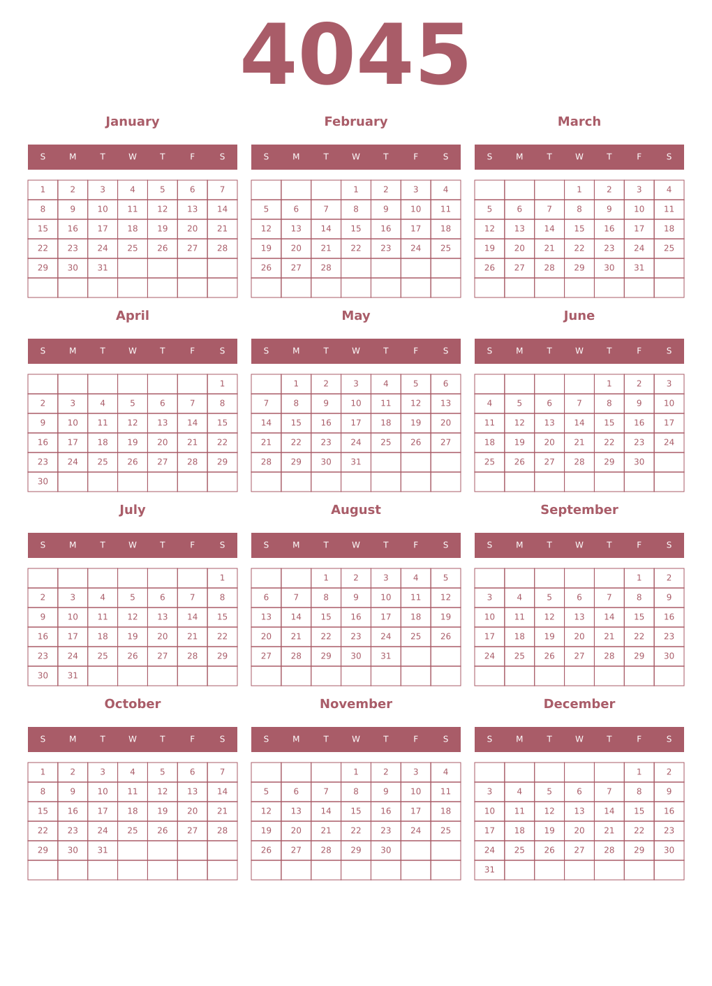 Printable 4045 Year Calendars puce