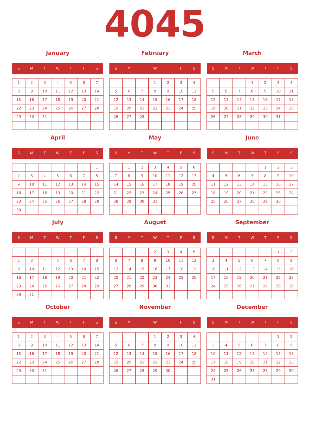 Printable 4045 Year Calendars red