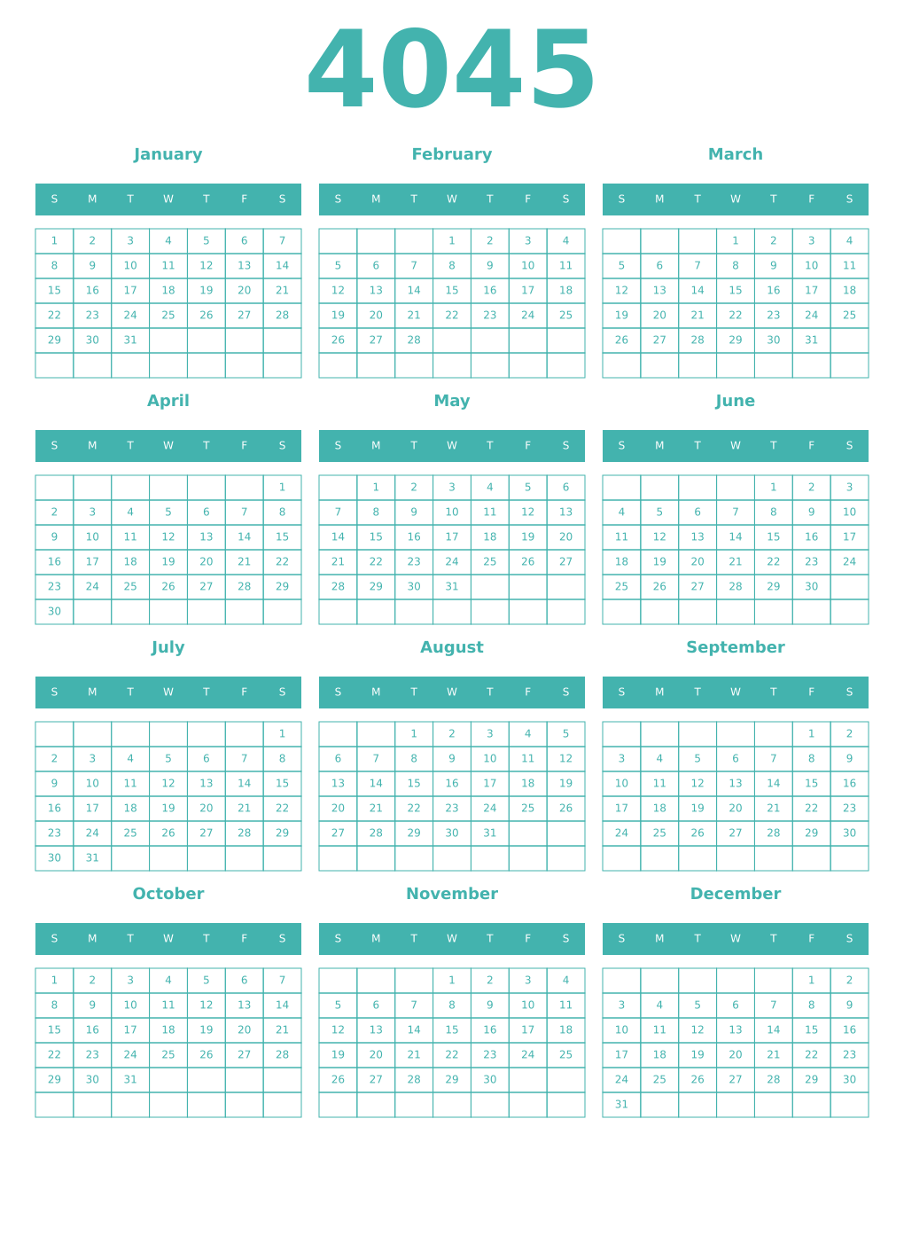 Printable 4045 Year Calendars verdigris