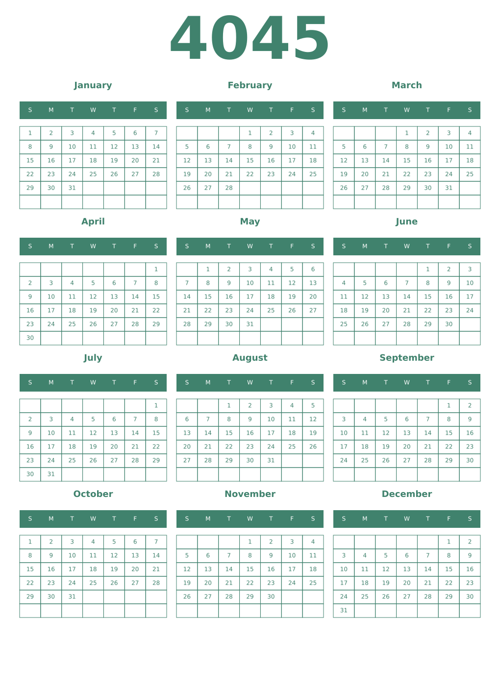 Printable 4045 Year Calendars viridian