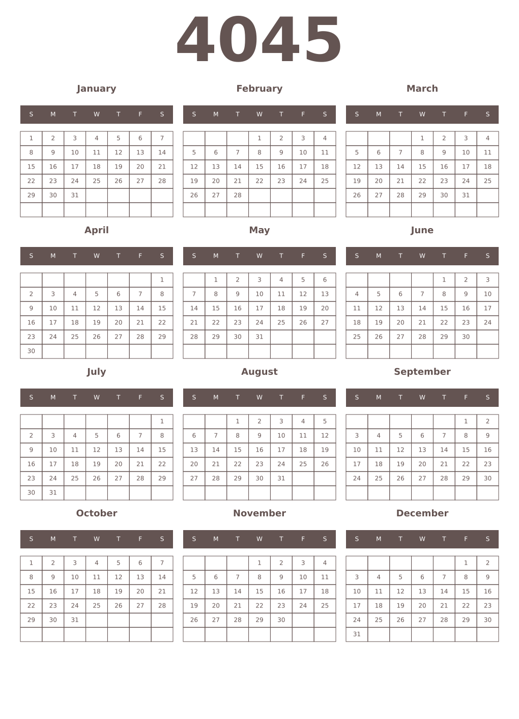 Printable 4045 Year Calendars wenge