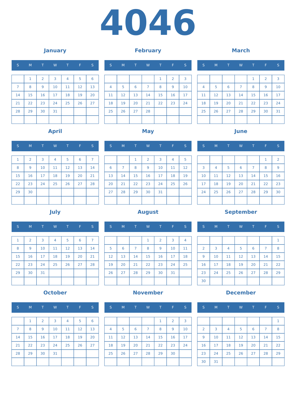Printable 4046 Year Calendars blue