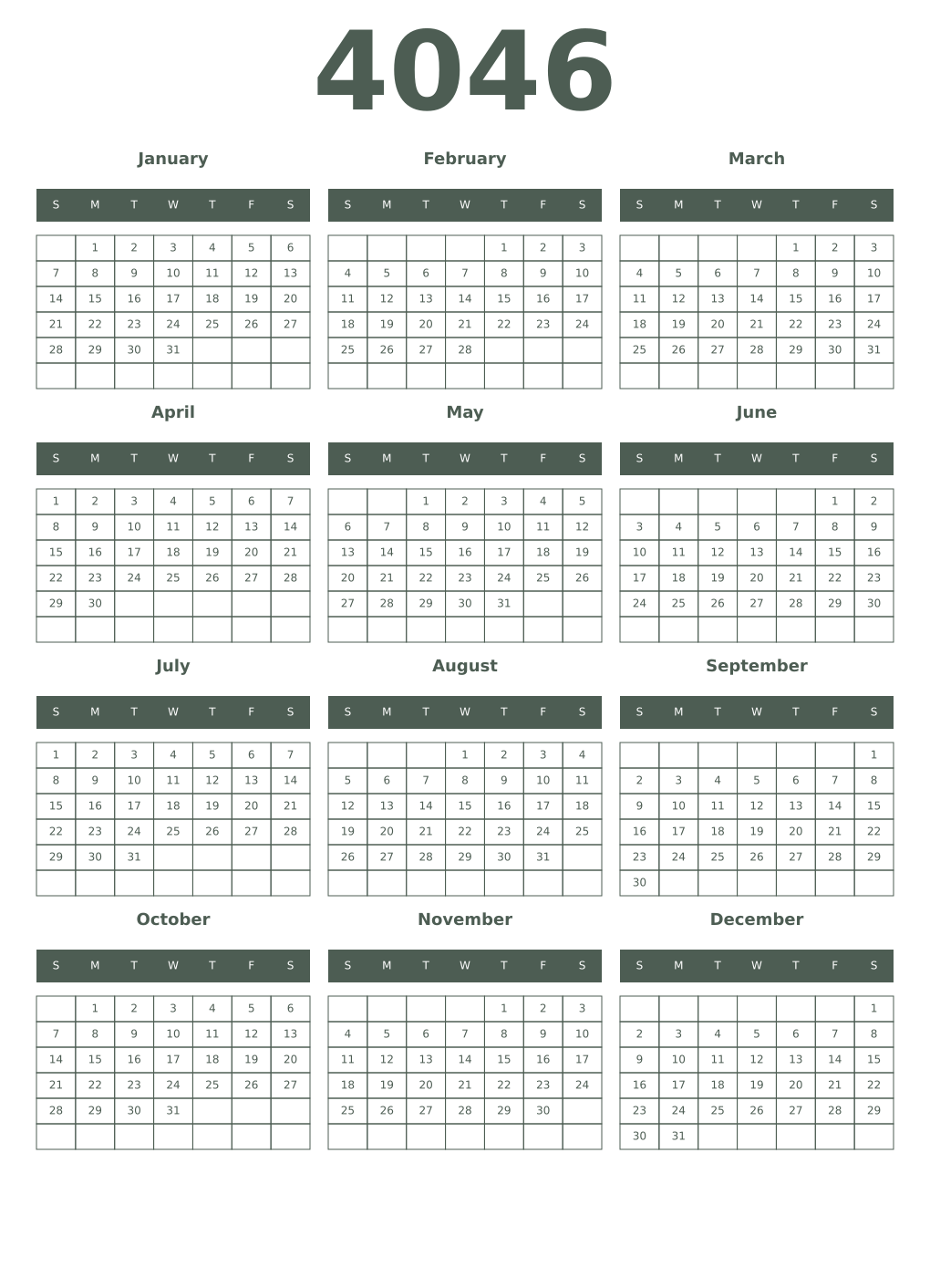 Printable 4046 Year Calendars feldgrau