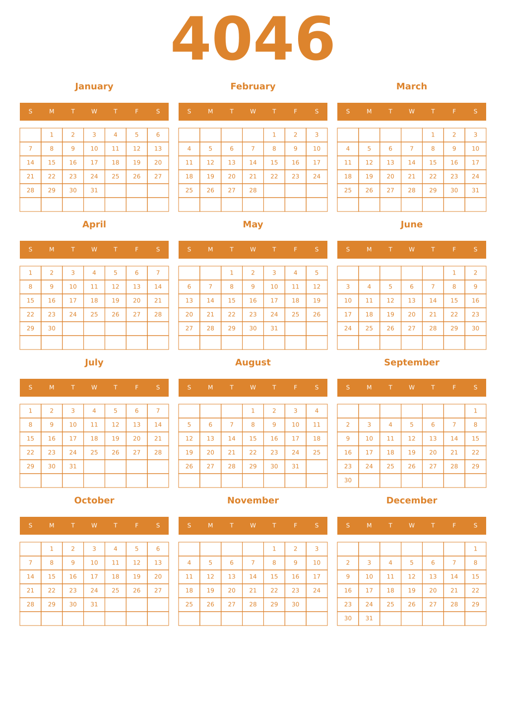 Printable 4046 Year Calendars orange