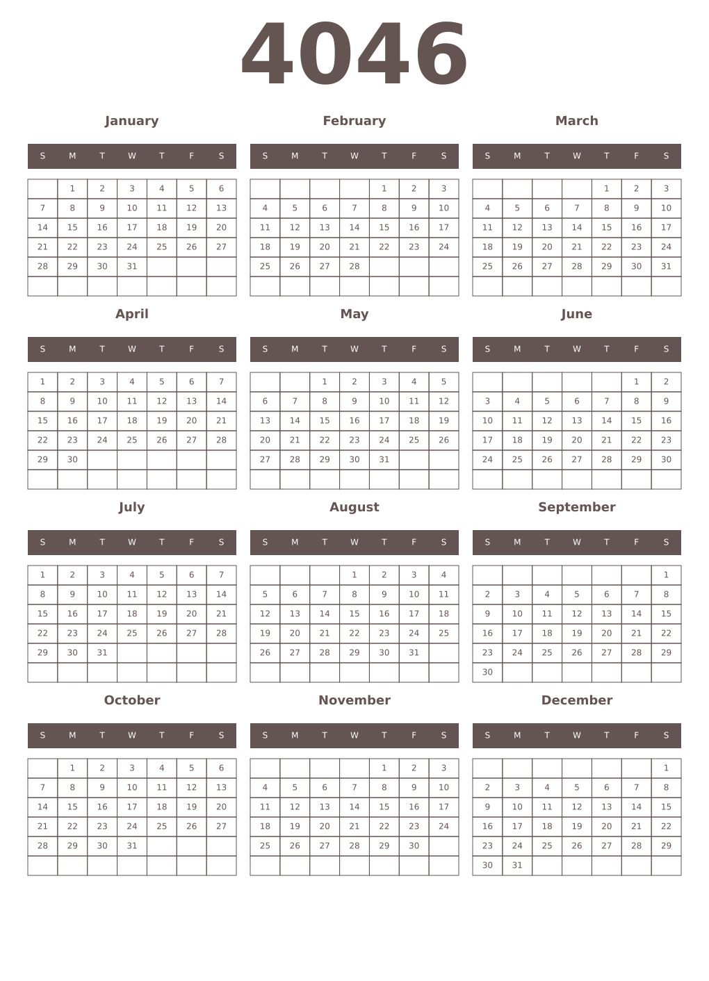 Printable 4046 Year Calendars wenge