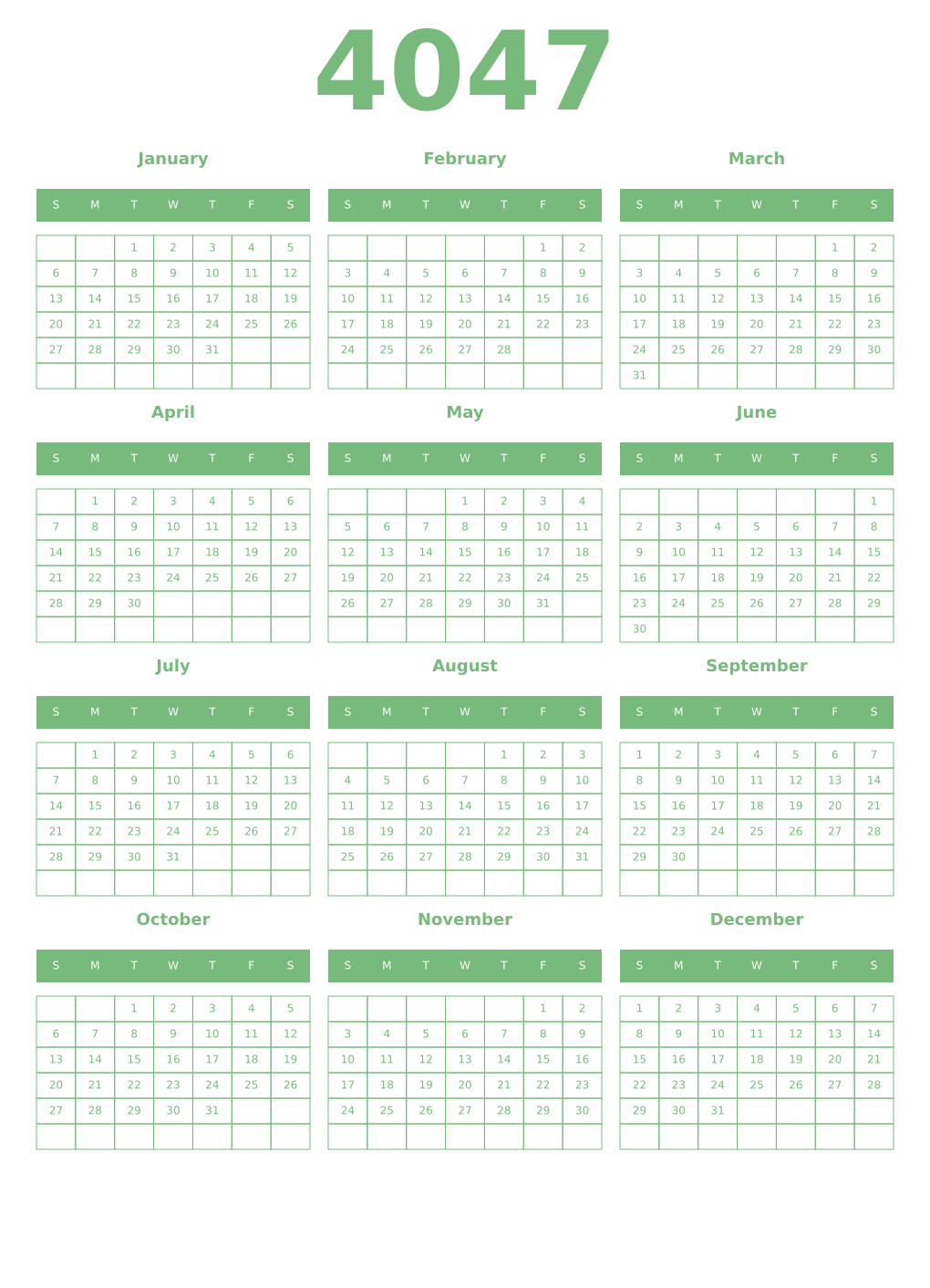 Printable 4047 Year Calendars celadon