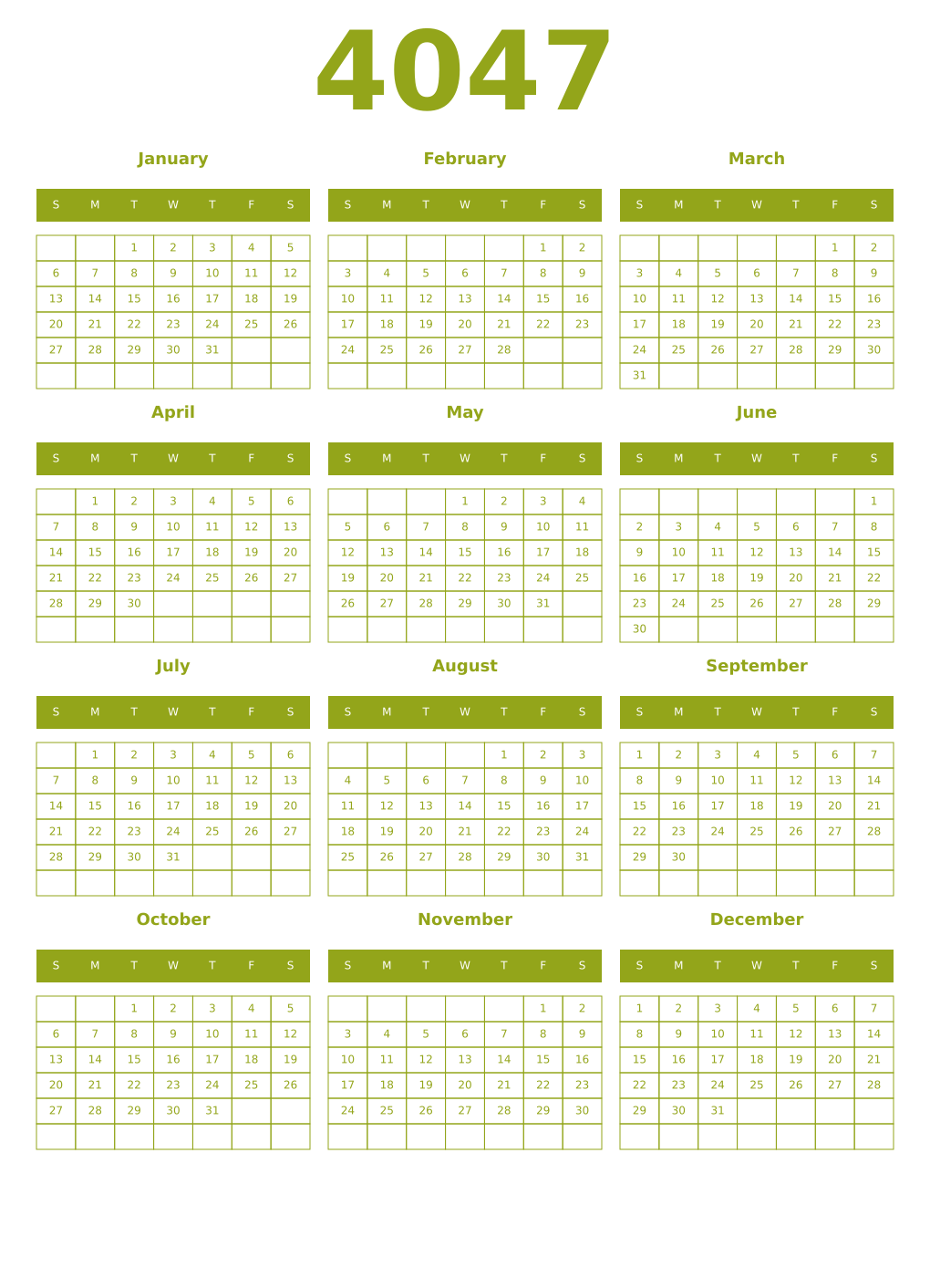 Printable 4047 Year Calendars chartreuse